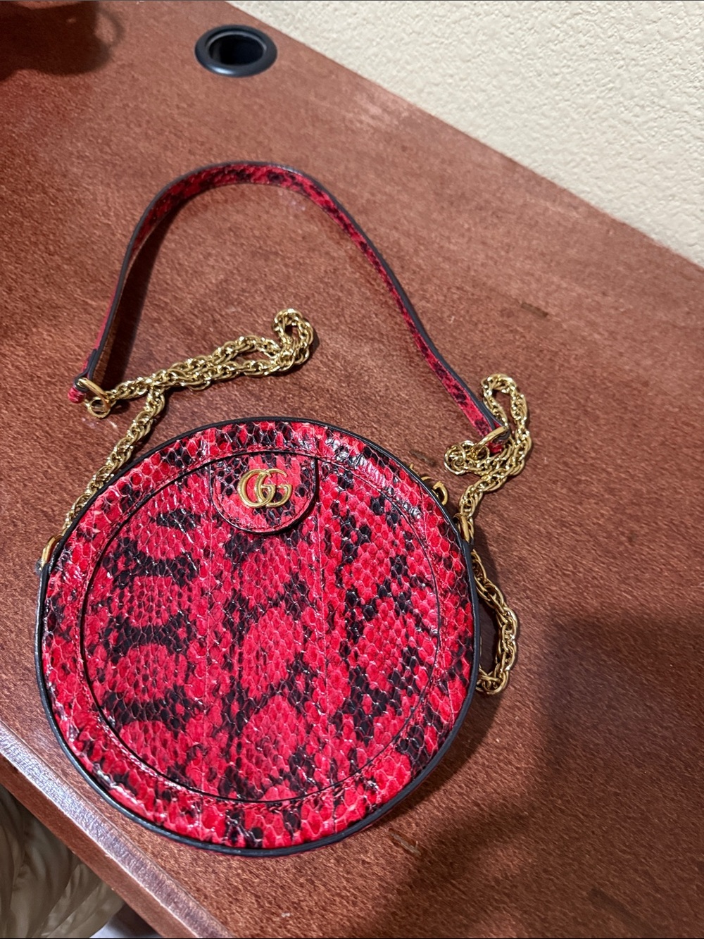 Gucci Red and Black Python- Round Crossbody with Gold Chain